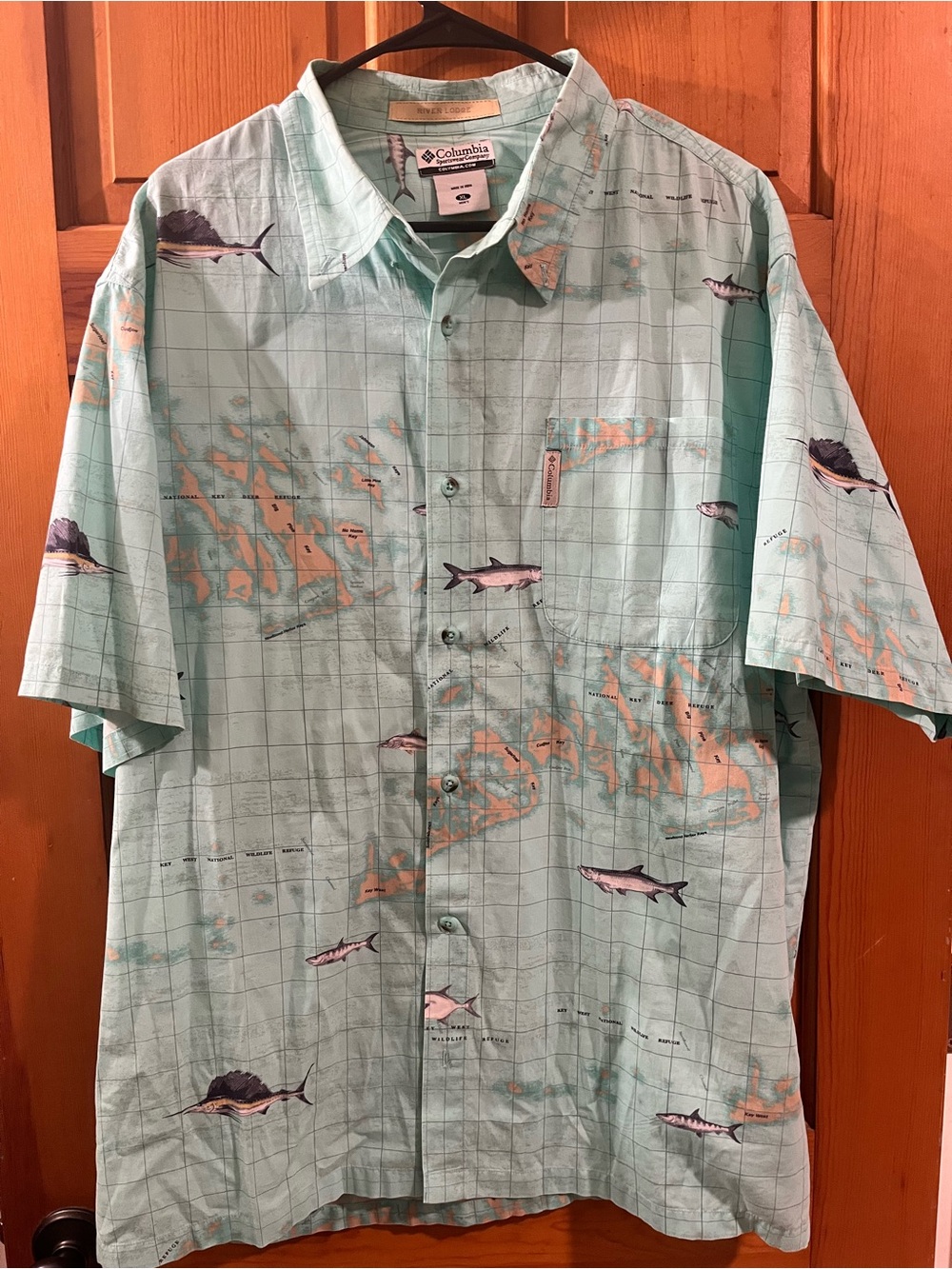 Columbia Button Down Shirt Mens XL Teal Fair Nautical Map Fish River Lodge PFG